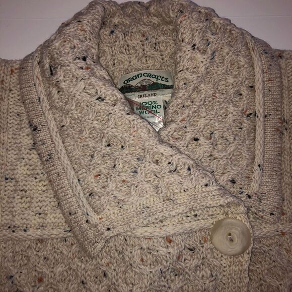 Aran Craft Merino Wool Long Cardigan Sweater Medium Button Collar Oatmeal Irish - Picture 2 of 6